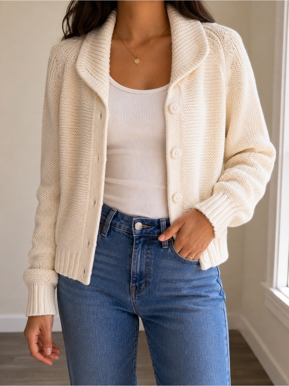 Chic Cream Button-Up CardiganM